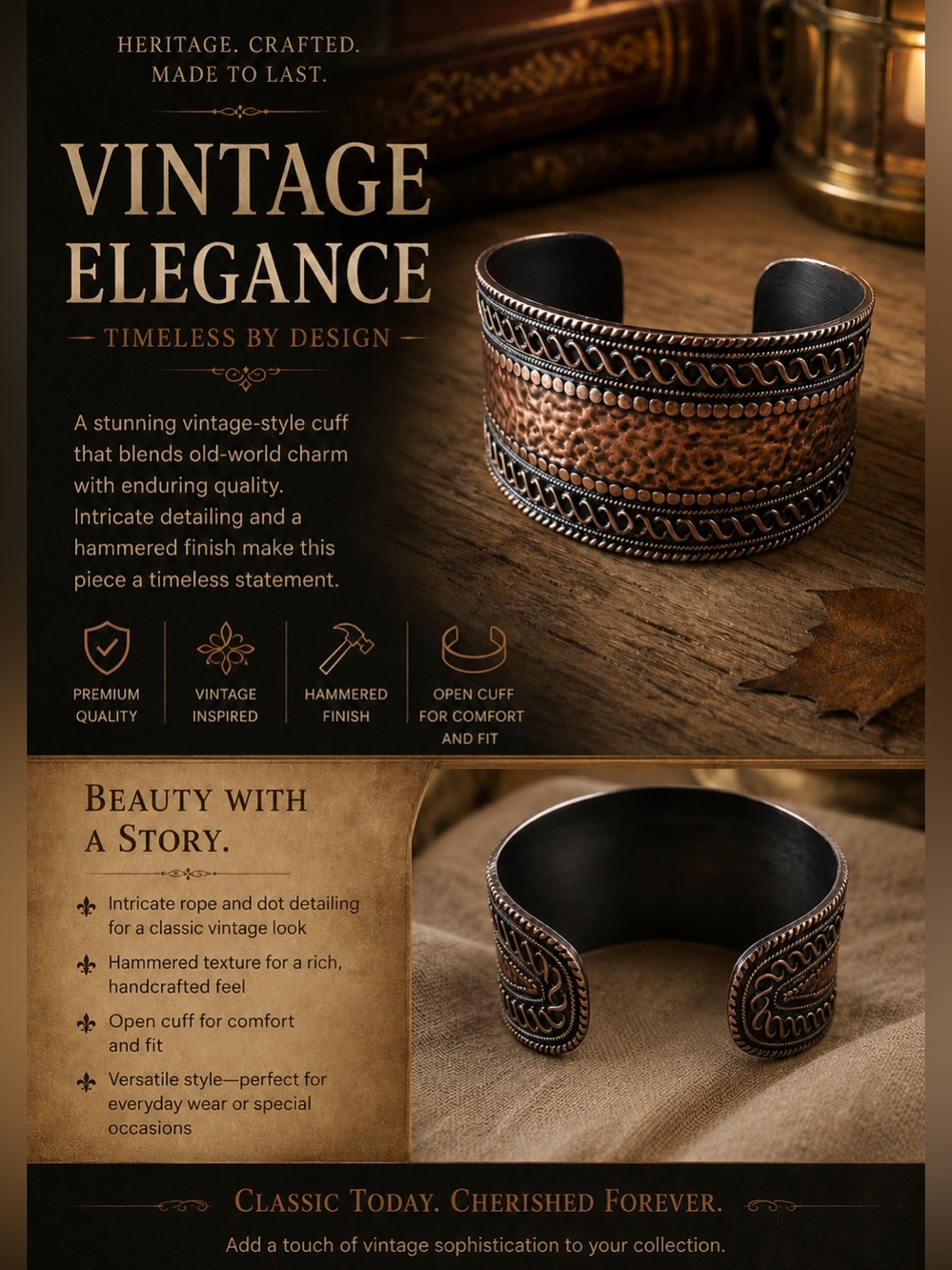 Vintage-Style Hammered Copper Cuff Bracelet - Open Cuff
